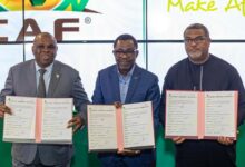 Pr Benedict Oramah président de Afreximbank - Veron Mosengo-Obam SG de la CAF - Thierry Hot Président du Rebranding Africa Forum